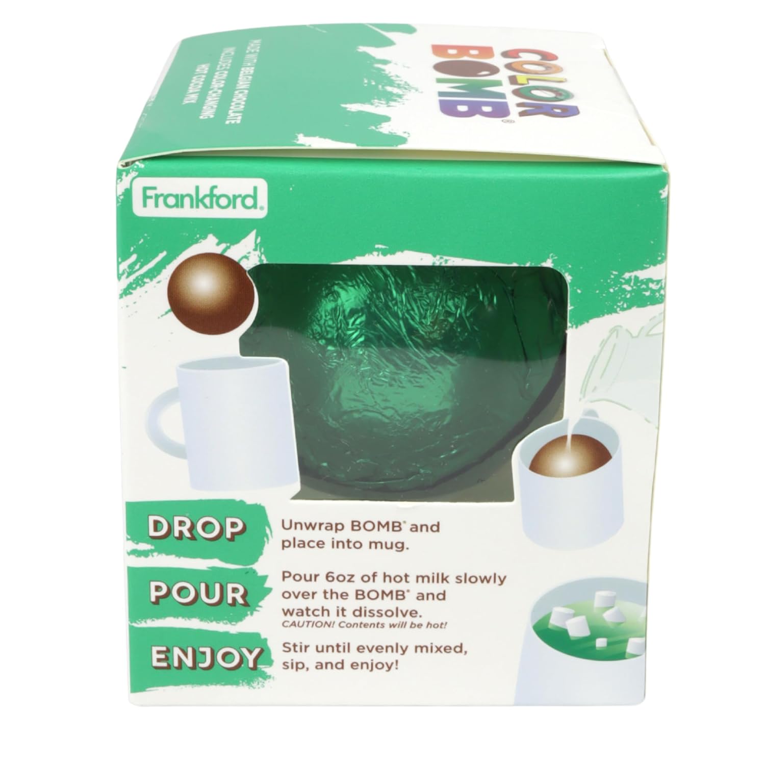 (12) Frankford Green Color Changing Hot Cocoa Bomb, Belgian Chocolate BB: 6/2026