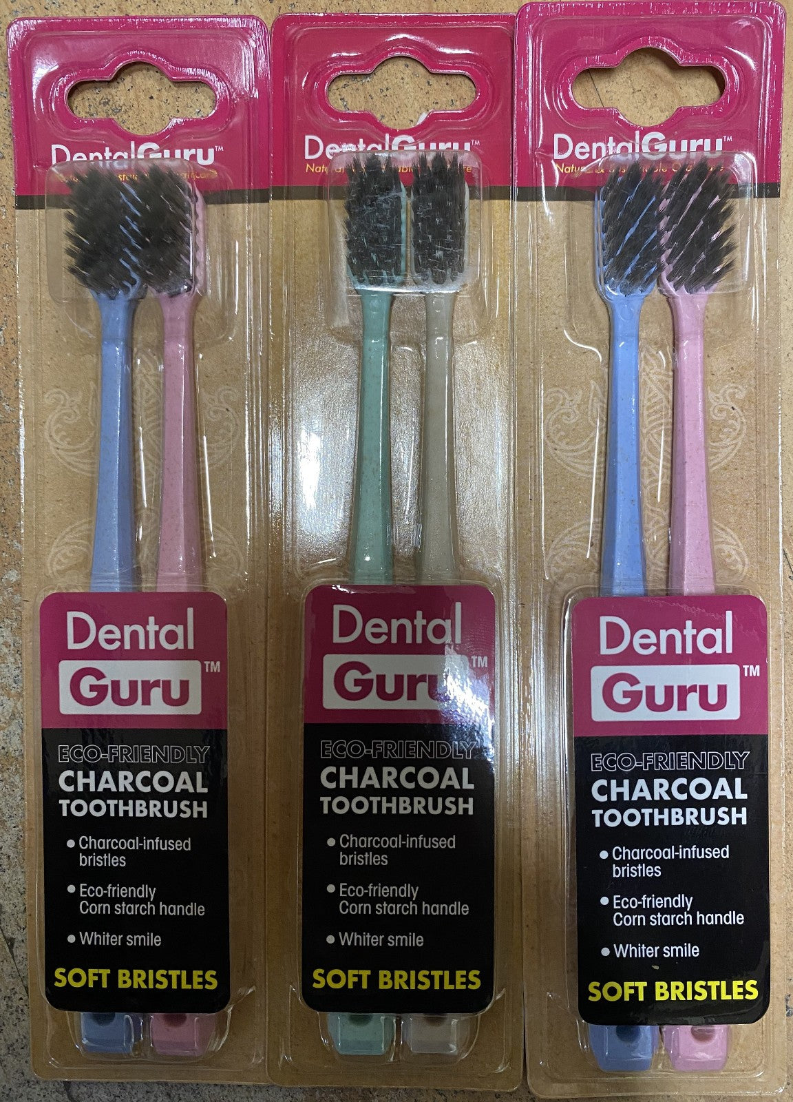3-2 Packs Dental Guru Bamboo Handle Charcoal Infused SOFT Bristle Toothbrush