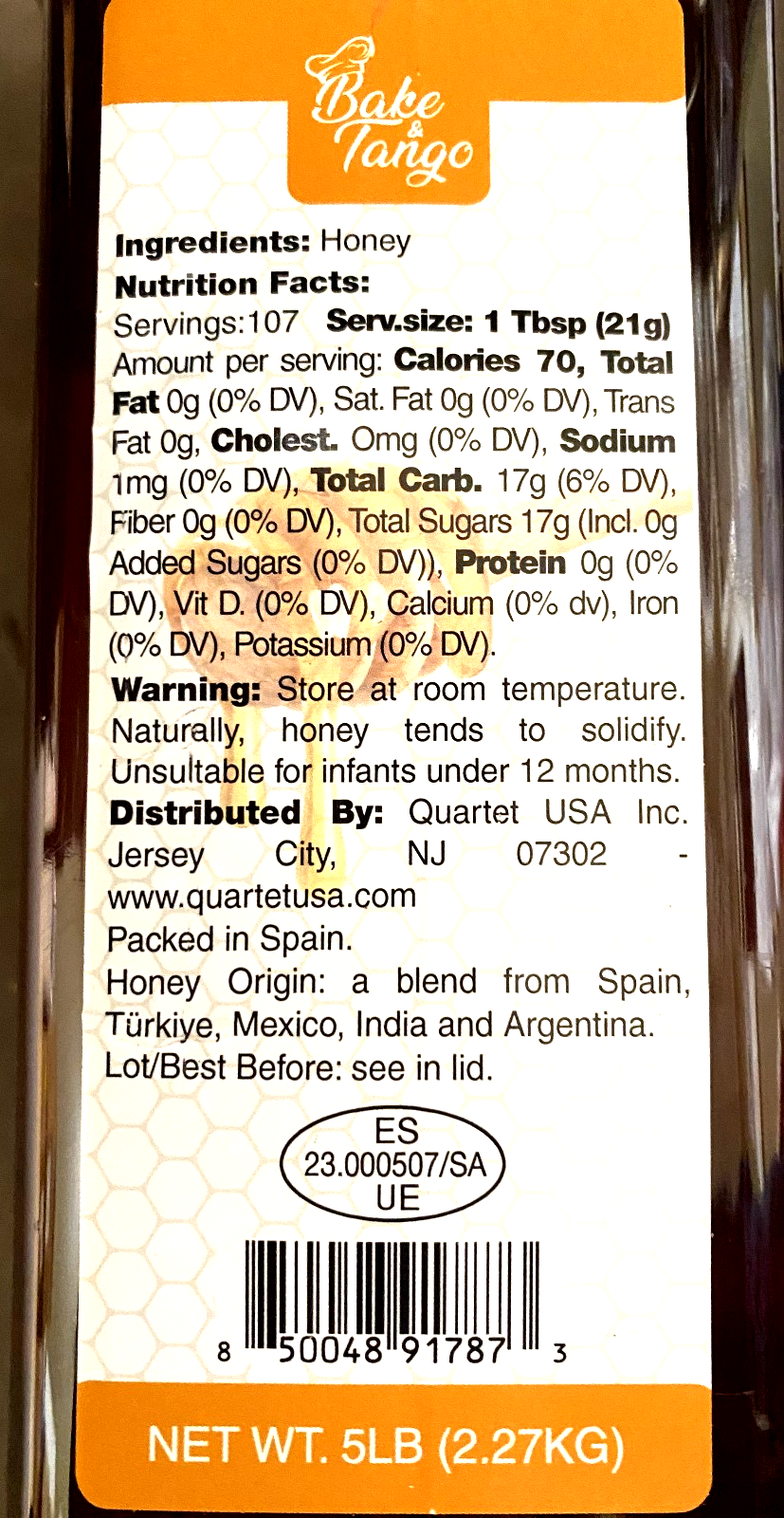 Bake Tango US Grade A Golden Honey  100% Pure Honey, 80 oz - 5 LB/BBD:  Jun 2027